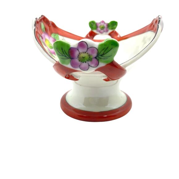 Japanese Vase Urn Planter Miniature Vintage Floral Red White Ceramic Glossy - Picture 3 of 12